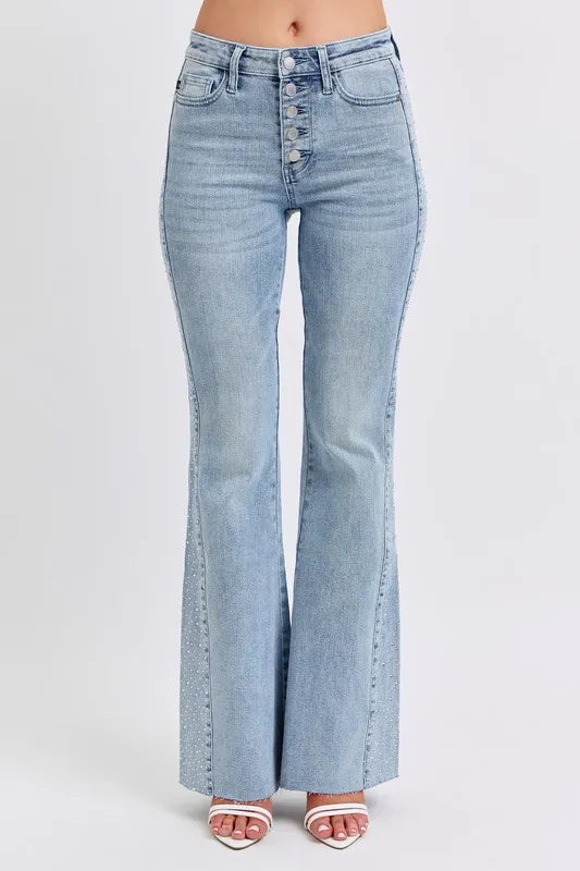 Judy Blue plus-size mid-rise rhinestone side panel flare jeans – glamorous embellished denim – MYN2O