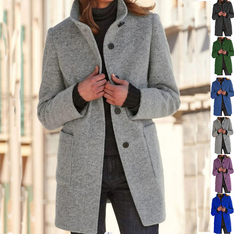 Women's Stand Collar Woolen Coat - Stylish Fall & Winter Outwear