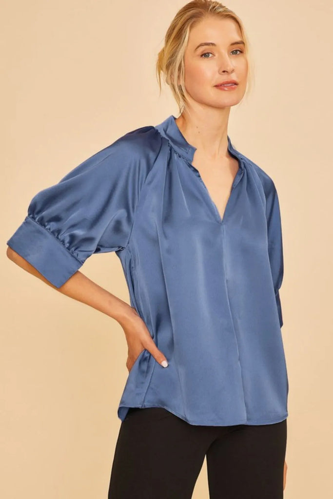 Annie Wear Satin V-Neck Open Short Sleeve Woven Blouse Top – MYN2O