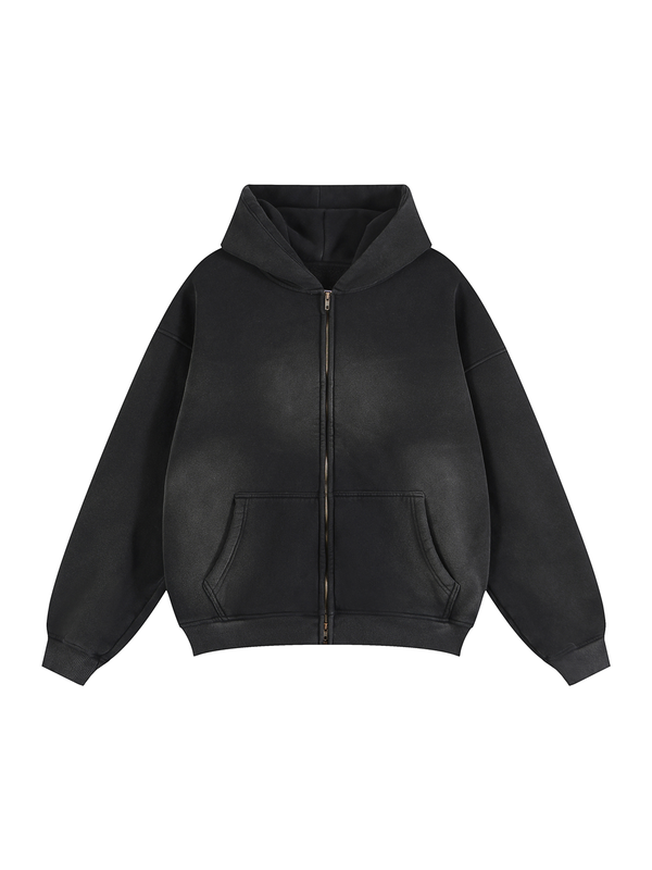 Unisex Vintage Sunfade Two-Way Zip Boxy Fleece Hoodie – Oversized Heavyweight Hoodie