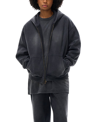 Unisex Vintage Sunfade Two-Way Zip Boxy Fleece Hoodie – Oversized Heavyweight Hoodie