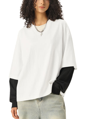 Layered Contrast Sleeve Cotton T-Shirt