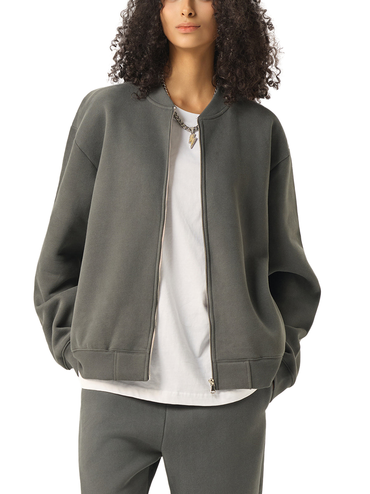 Essential Zip-Up Fleeced Varsity Jacket