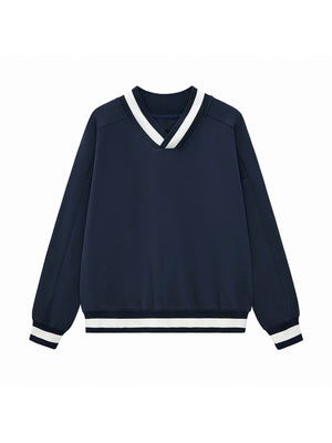 V-Neck Contrast Collar Boxy Sweatshirt