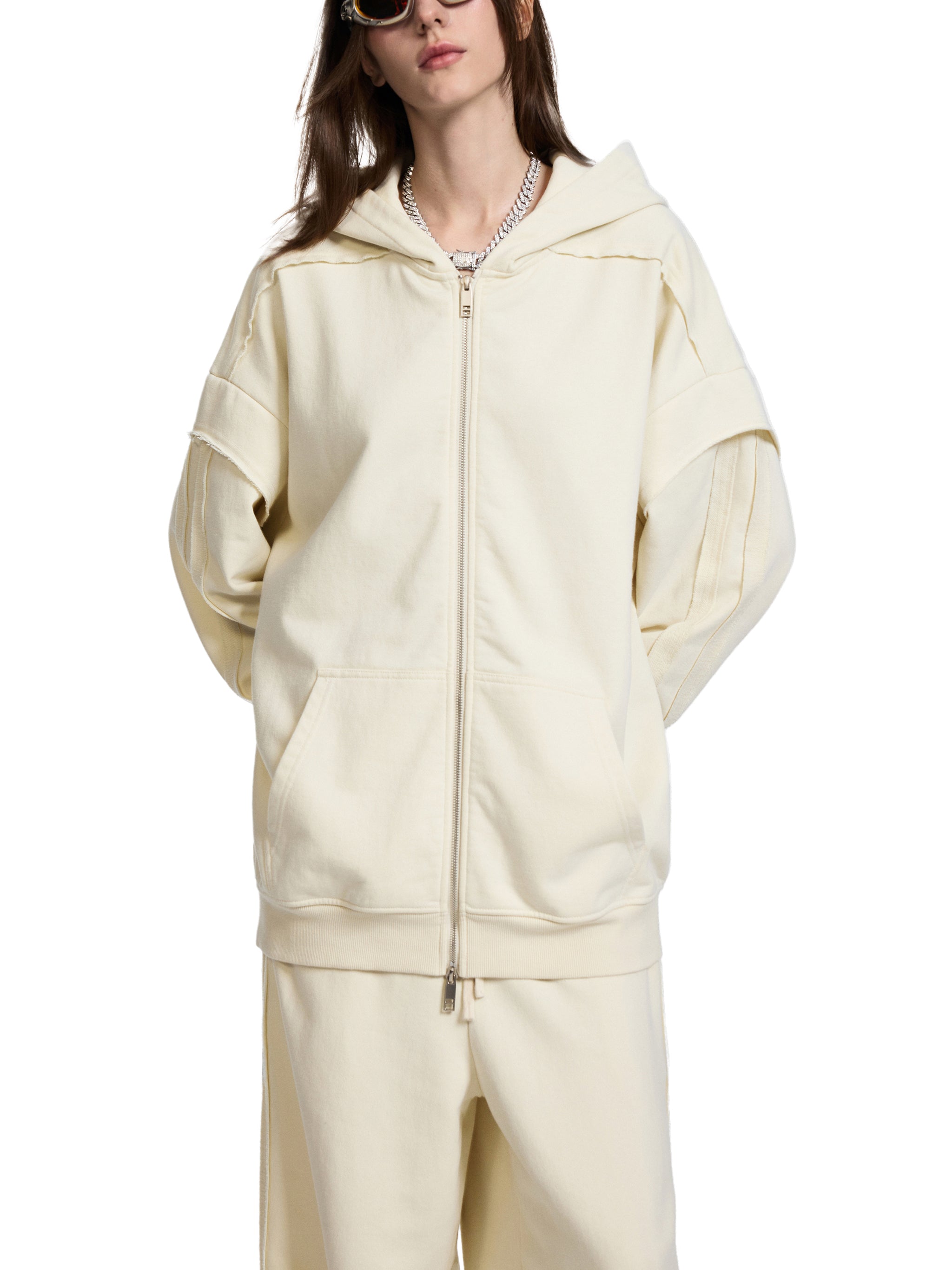 Contrast Tape Raw Edge Double Layered Zip Hoodie