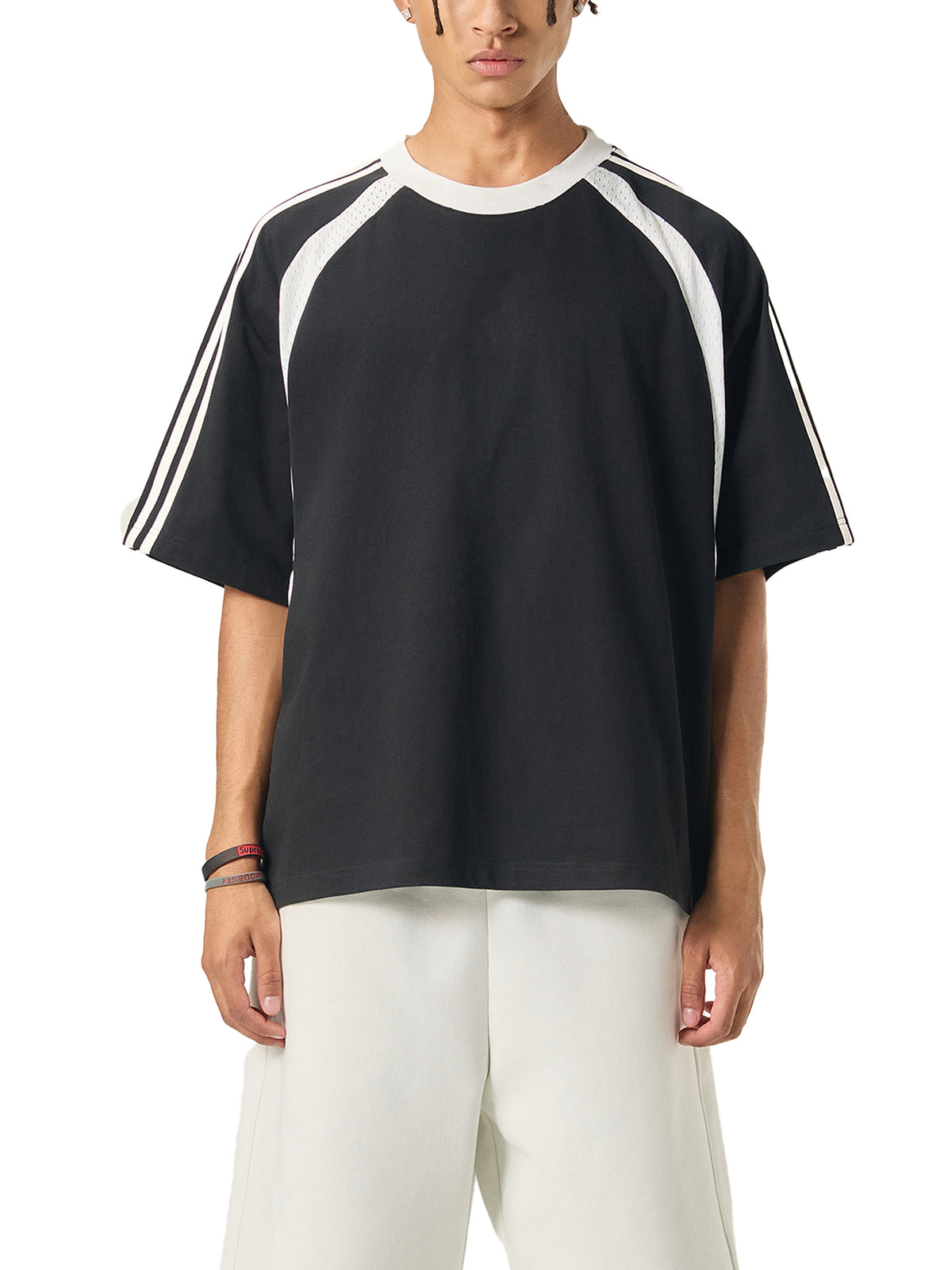 Contrast Stripes Panel Mesh T-shirt