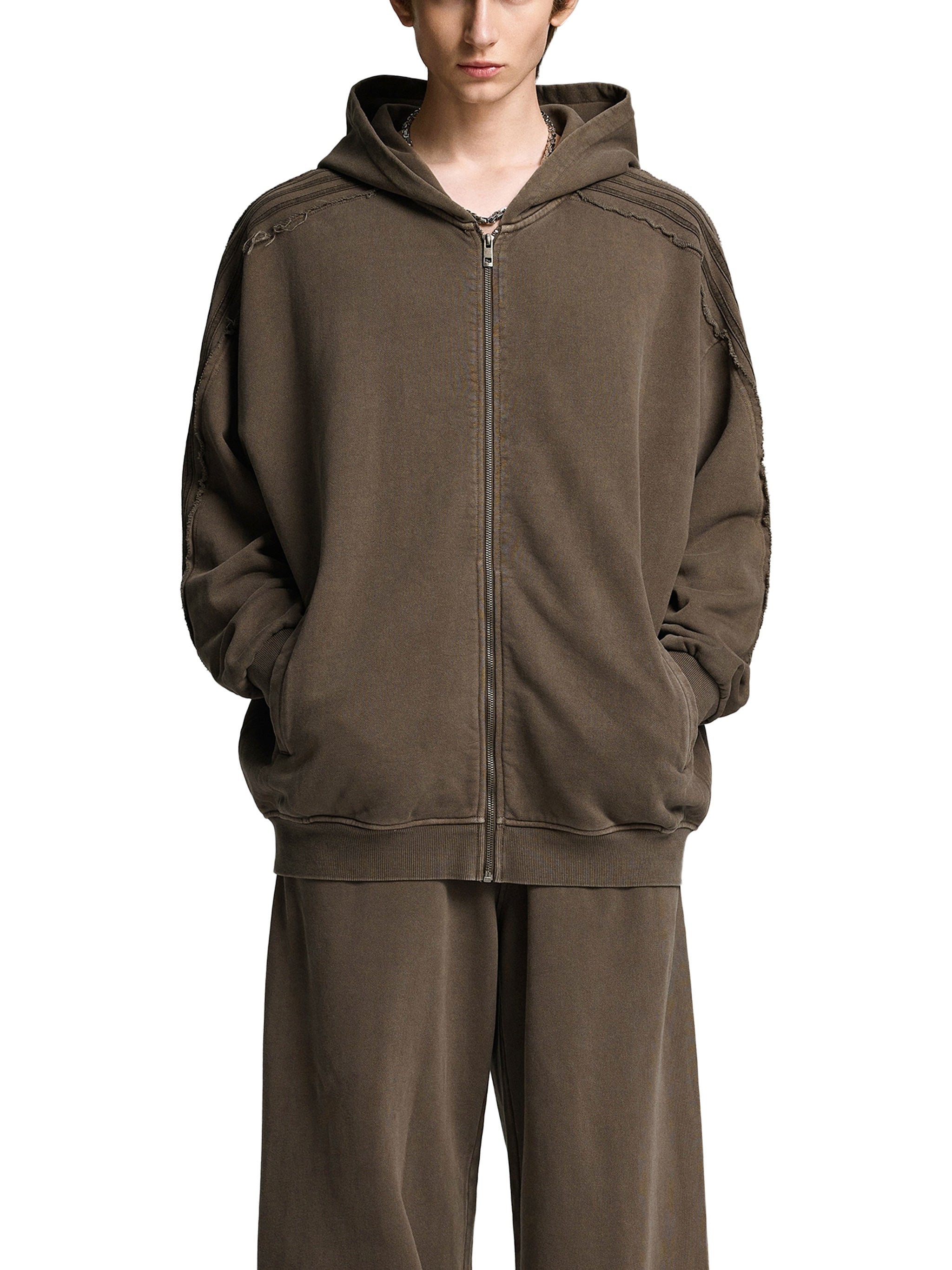 Snow Washed Tape Raw Edge Zip Hoodie