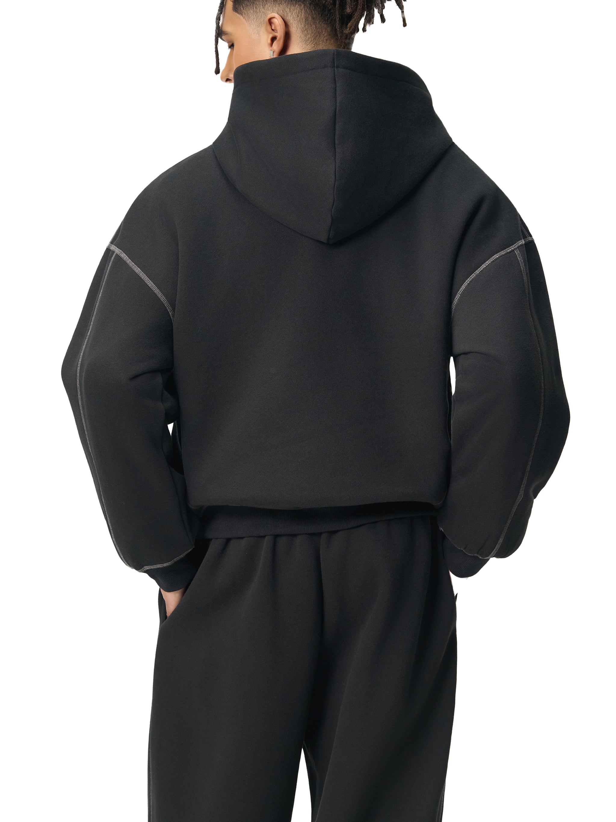 Contrast-Stitched Boxy Fleece Hoodie