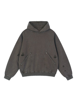 Snow Washed Distressed Panel Pocket Hoodie