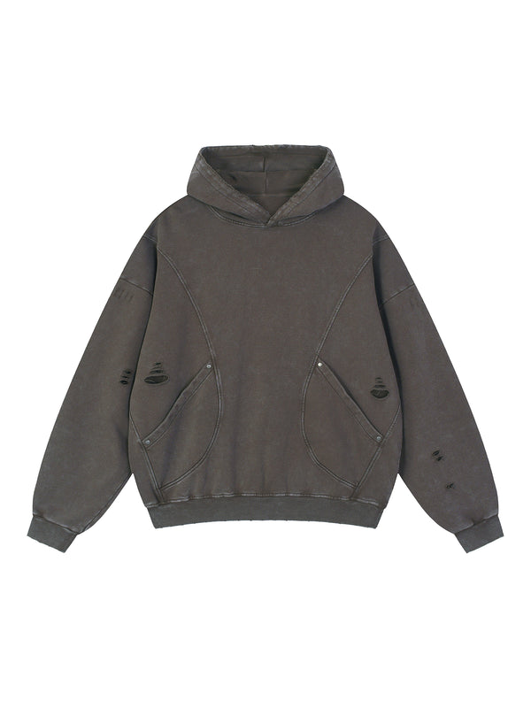 Snow Washed Distressed Panel Pocket Hoodie
