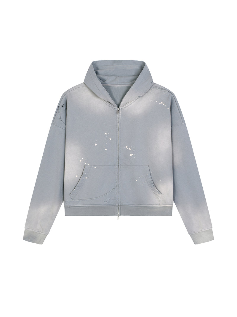Sun Fade Frayed Raw Edge Fleece Zip Hoodie