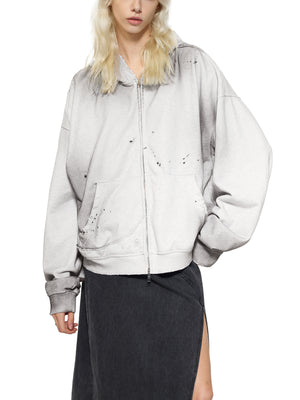 Sun Fade Frayed Raw Edge Fleece Zip Hoodie
