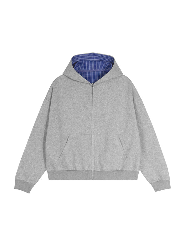 Contrast Plaid Boxy Zip Hoodie
