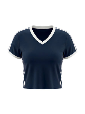 Women's Retro Binding V-Neck Crop T-Shirt – Slim Fit Vintage Crop Top