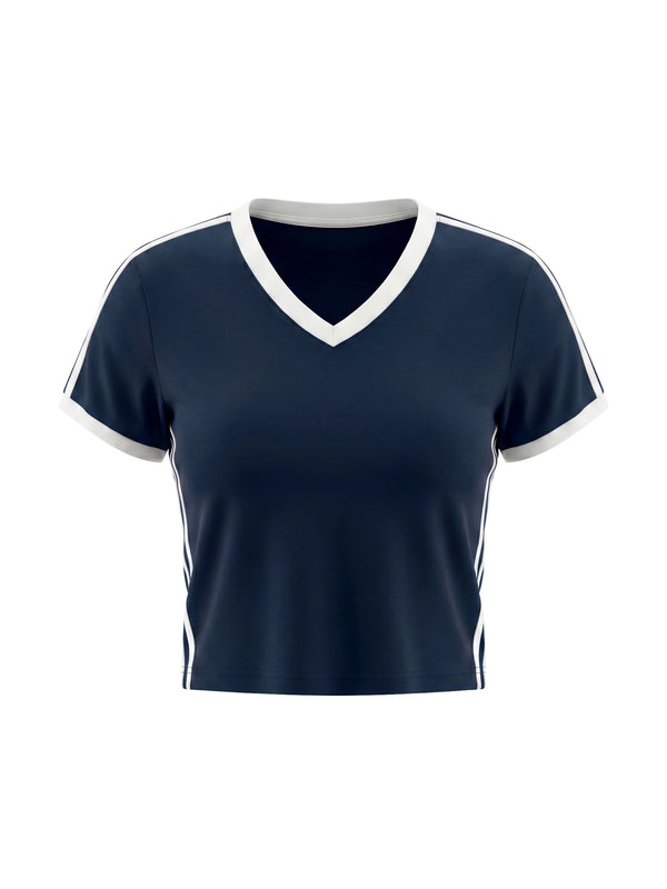 Women's Retro Binding V-Neck Crop T-Shirt – Slim Fit Vintage Crop Top
