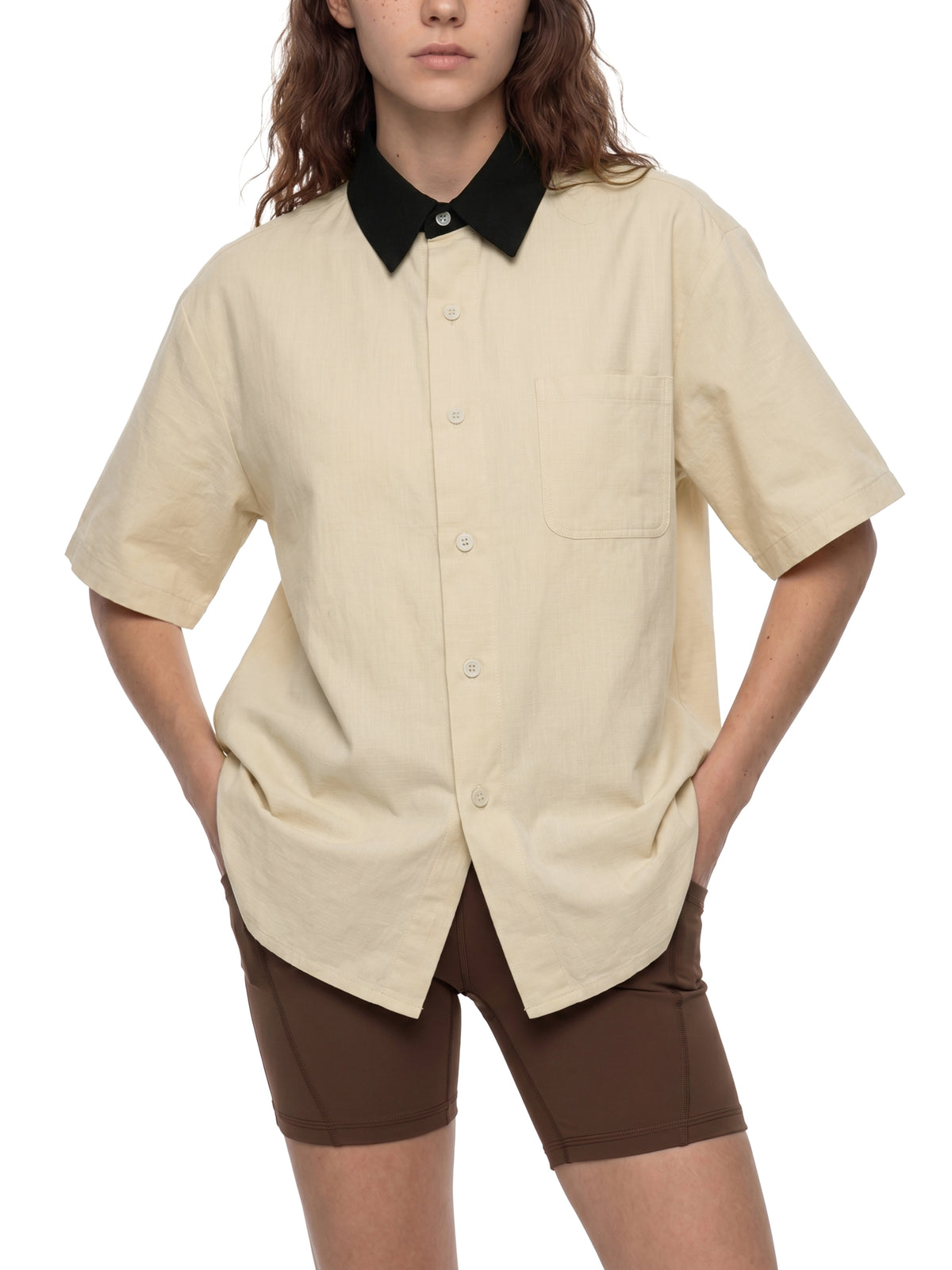 Unisex Color Block Short Sleeve Shirt – Relaxed Fit Casual Button-Up