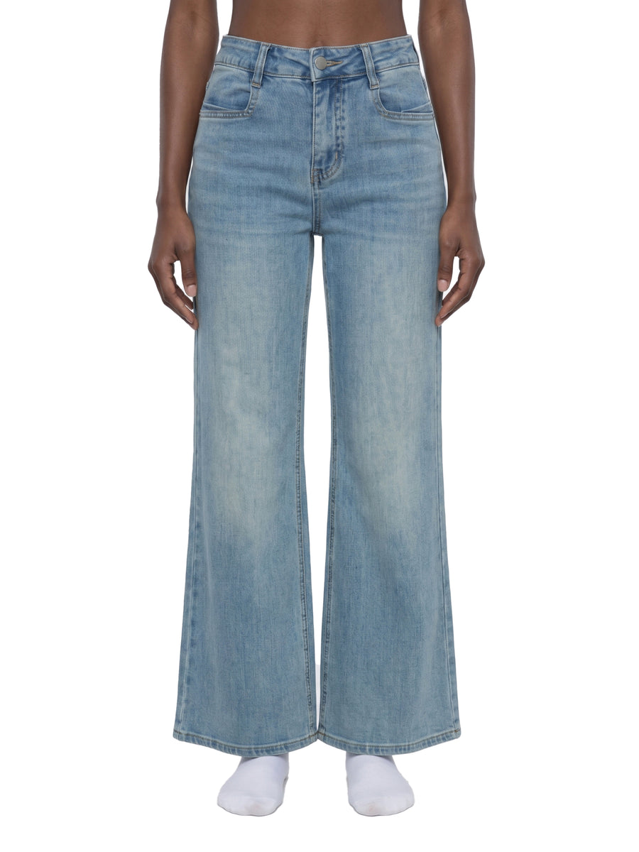 Women's Vintage Wash Flared Leg Jeans – High-Waisted Stretch Denim Pants