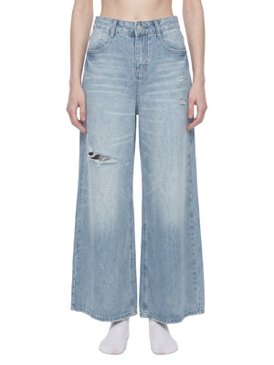 Women's Vintage Wash Distressed Wide Leg Jeans – High-Rise Relaxed Fit Denim