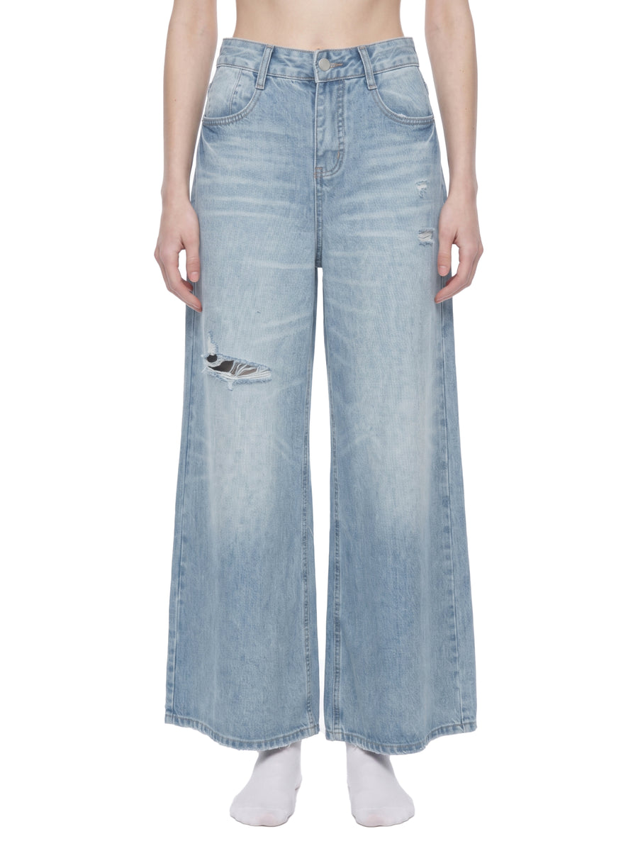 Women's Vintage Wash Distressed Wide Leg Jeans – High-Rise Relaxed Fit Denim