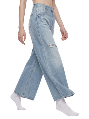 Women's Vintage Wash Distressed Wide Leg Jeans – High-Rise Relaxed Fit Denim