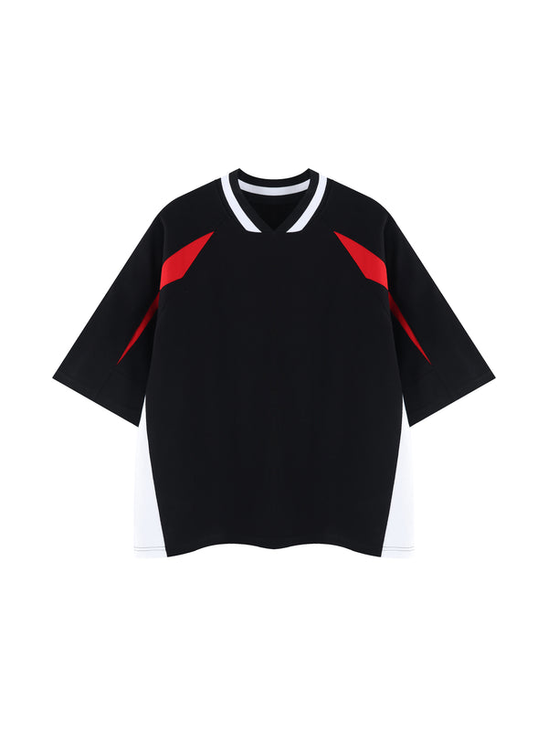 Unisex Oversized Color Block V-Neck T-Shirt – Retro Streetwear Contrast Tee