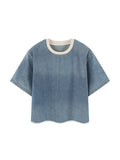 Unisex Vintage Wash Raw Hem Denim T-Shirt – Oversized Boxy Streetwear Denim Tee