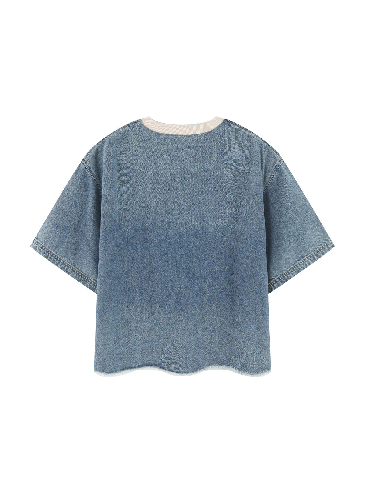 Unisex Vintage Wash Raw Hem Denim T-Shirt – Oversized Boxy Streetwear Denim Tee