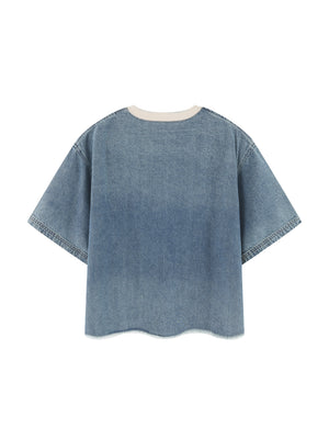 Unisex Vintage Wash Raw Hem Denim T-Shirt – Oversized Boxy Streetwear Denim Tee