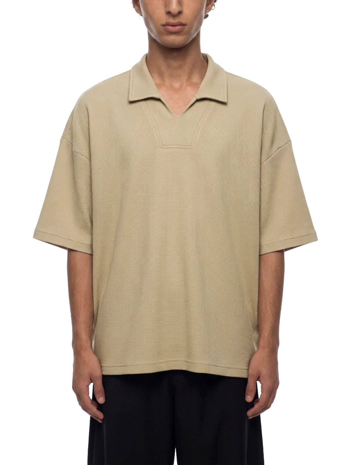 Unisex Oversized Vintage Wash Waffle Knit Polo Shirt – Boxy Streetwear Textured Tee