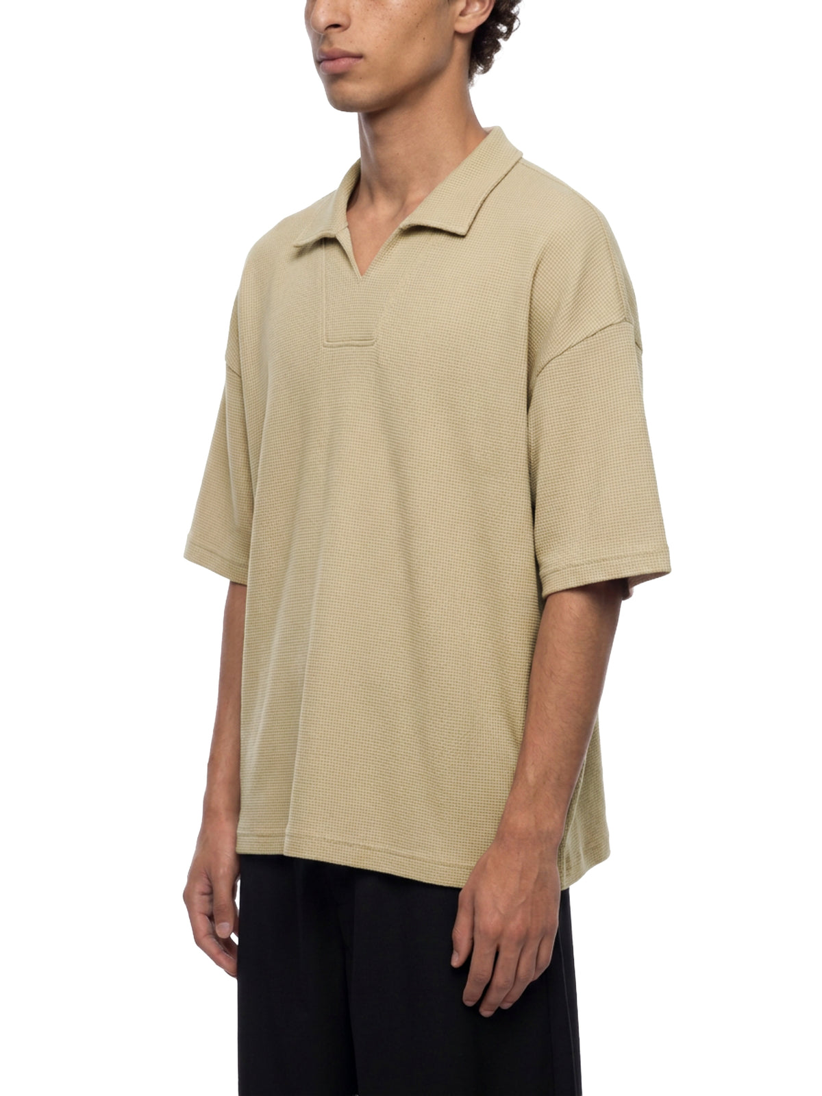 Unisex Oversized Vintage Wash Waffle Knit Polo Shirt – Boxy Streetwear Textured Tee