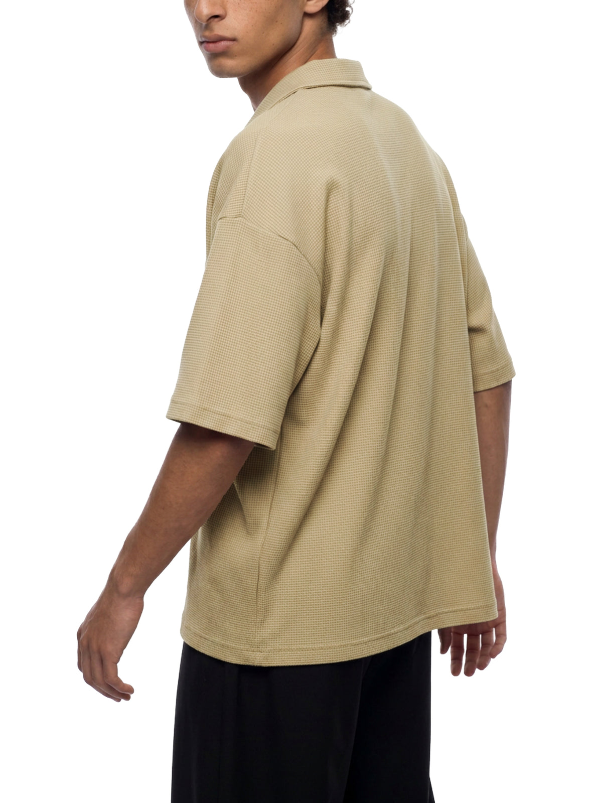 Unisex Oversized Vintage Wash Waffle Knit Polo Shirt – Boxy Streetwear Textured Tee