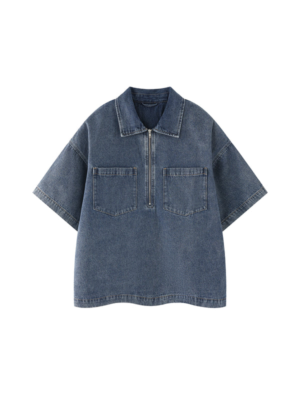 Unisex Oversized Vintage Wash Quarter Zip Denim Shirt – Boxy Streetwear Pullover