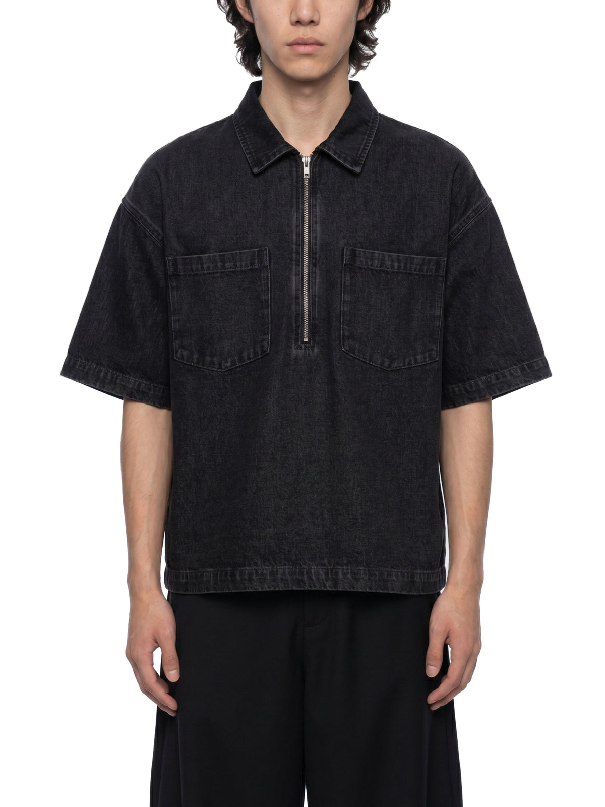 Unisex Oversized Vintage Wash Quarter Zip Denim Shirt – Boxy Streetwear Pullover