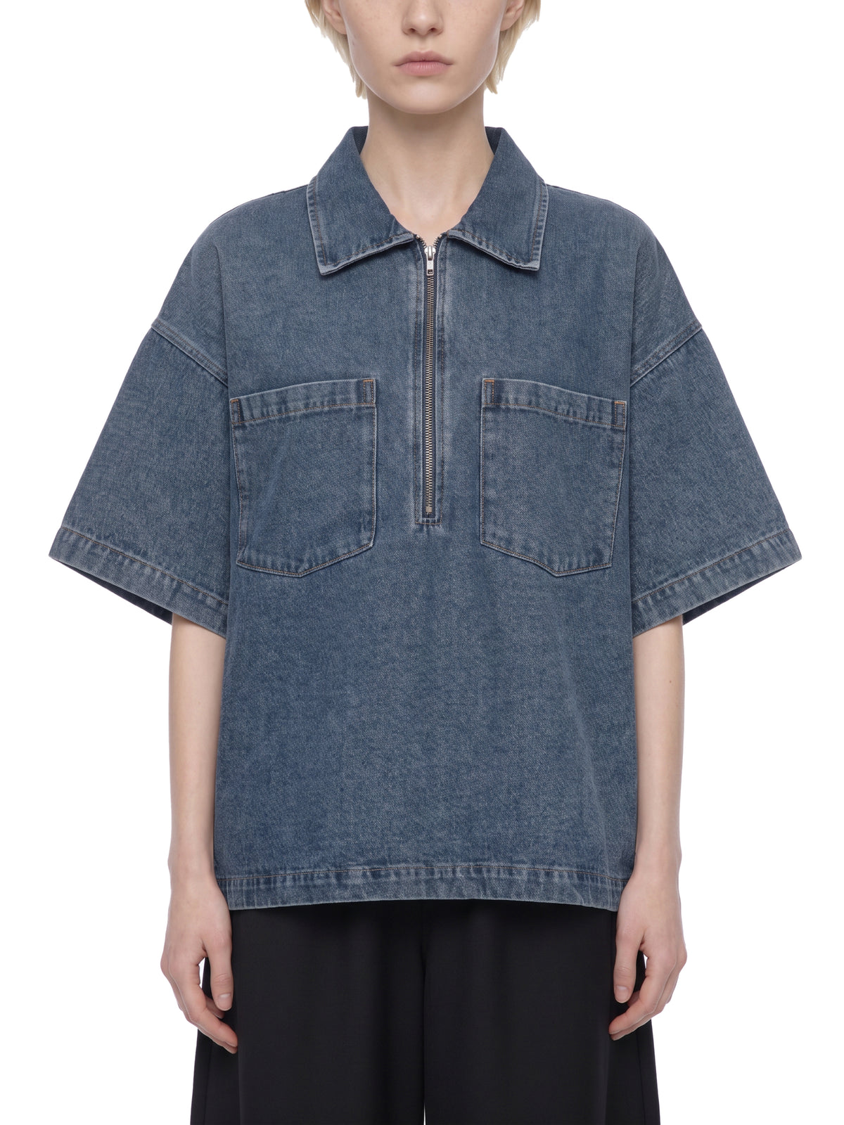 Unisex Oversized Vintage Wash Quarter Zip Denim Shirt – Boxy Streetwear Pullover