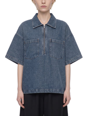 Unisex Oversized Vintage Wash Quarter Zip Denim Shirt – Boxy Streetwear Pullover