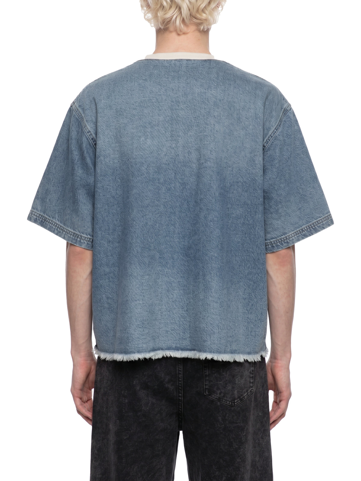 Unisex Vintage Wash Raw Hem Denim T-Shirt – Oversized Boxy Streetwear Denim Tee