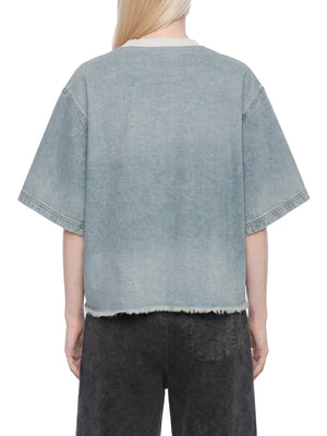Unisex Vintage Wash Raw Hem Denim T-Shirt – Oversized Boxy Streetwear Denim Tee