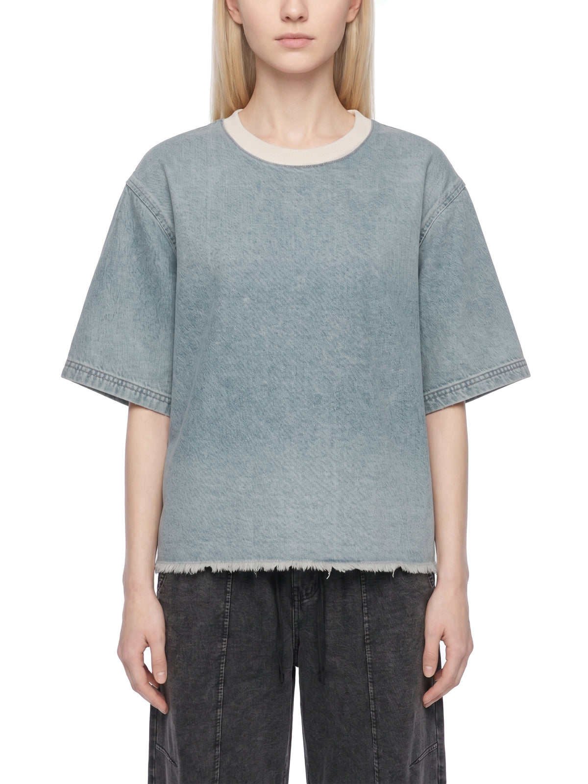 Unisex Vintage Wash Raw Hem Denim T-Shirt – Oversized Boxy Streetwear Denim Tee