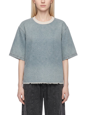 Unisex Vintage Wash Raw Hem Denim T-Shirt – Oversized Boxy Streetwear Denim Tee