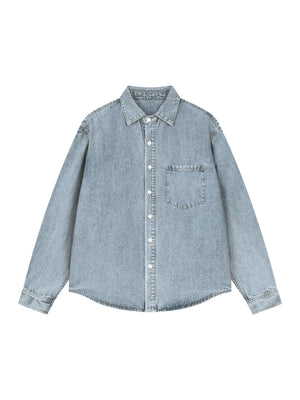 Unisex Vintage Wash Denim Shirt – Oversized Retro Button-Up Streetwear Denim Top