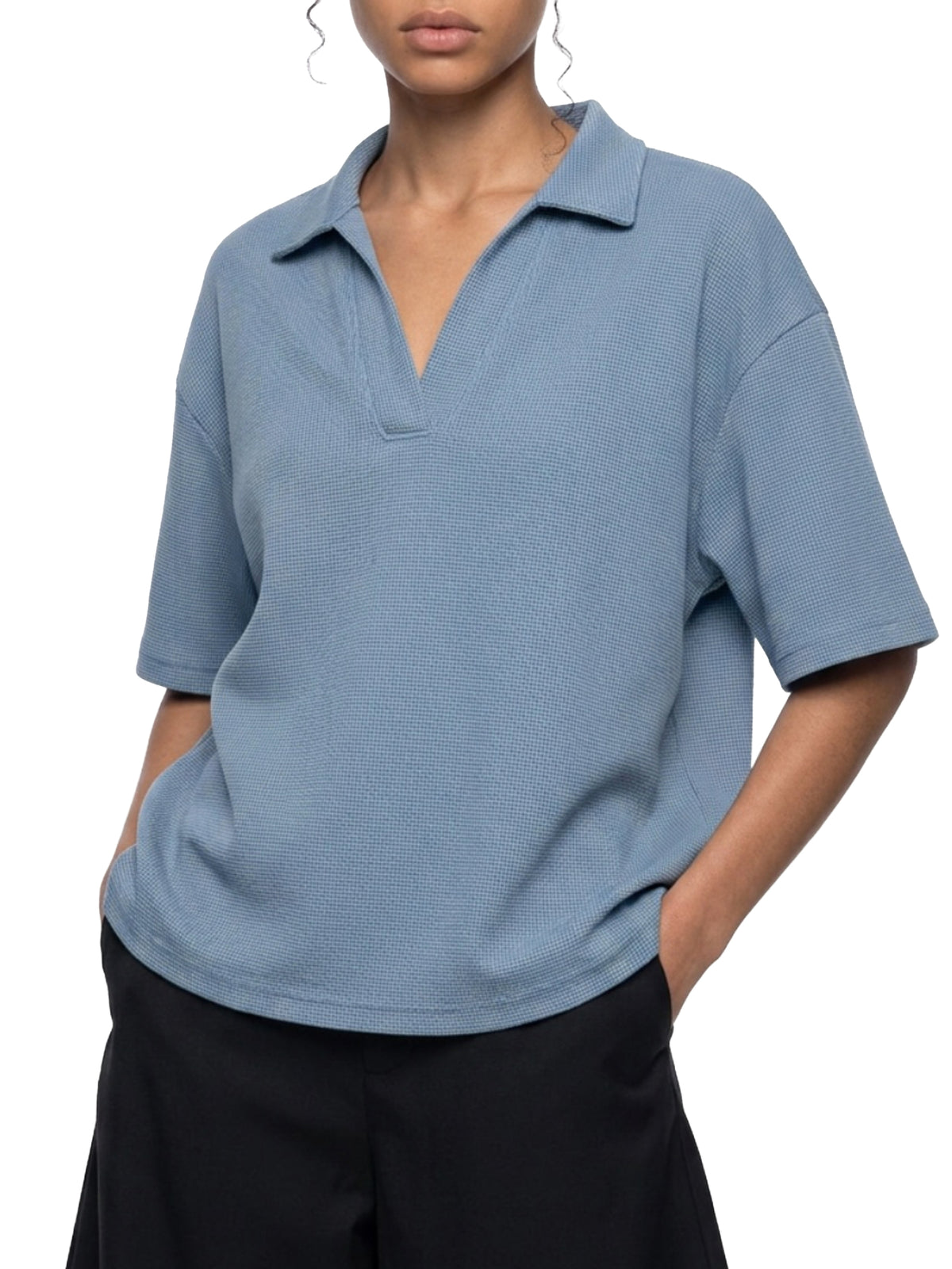 Unisex Oversized Vintage Wash Waffle Knit Polo Shirt – Boxy Streetwear Textured Tee
