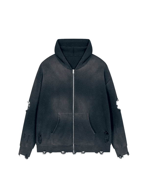 Unisex Distressed Full Zip Sweater