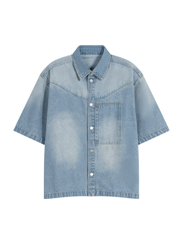 Unisex Vintage Wash Boxy Short Denim Shirt