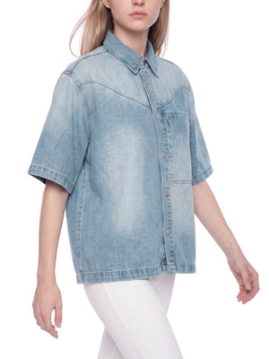 Unisex Vintage Wash Boxy Short Denim Shirt