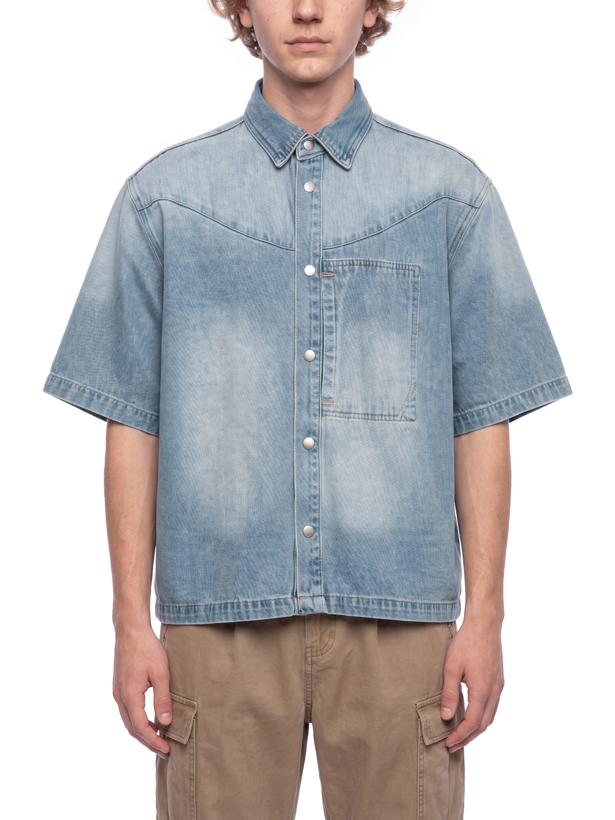 Unisex Vintage Wash Boxy Short Denim Shirt