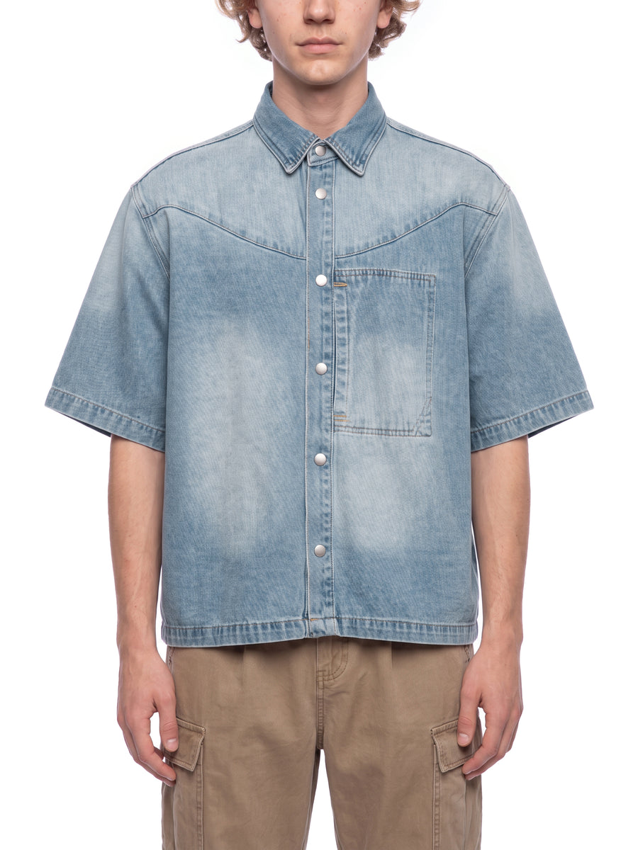 Unisex Vintage Wash Boxy Short Denim Shirt alternate view